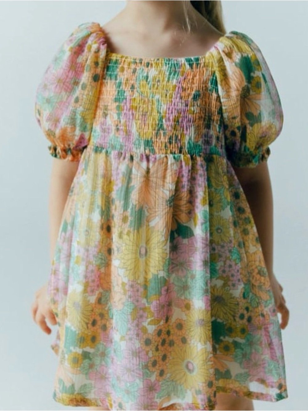 Zara Floral Puff-Sleeve Dress in Yellow, Green, Pink size 2-3